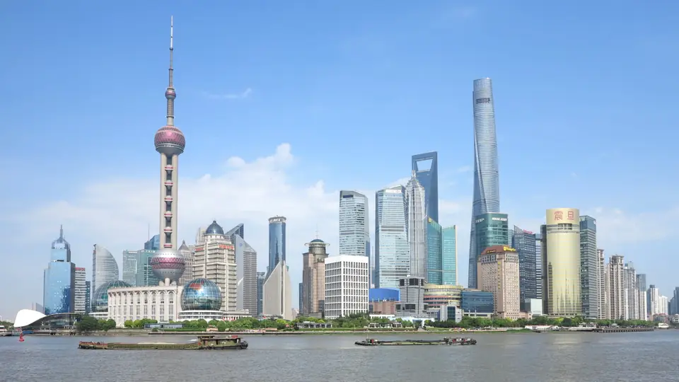 Shanghai’s Pudong skyline across the Huangpu River, seen from the Bund.
